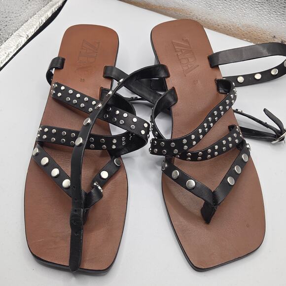 ZARA Black Studded Leather Gladiator Sandals - Women's Size 9 - Picture 2 of 6